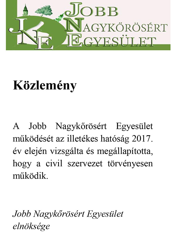 Jobb Nagykőrösért Egyesület Közlemény