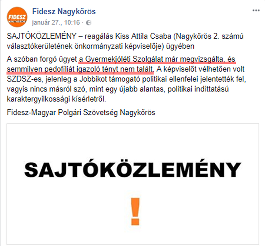 A HELYI FIDESZ ELNÖKE HAZUDOTT A NAGYKŐRÖSI PEDOFIL ÜGYBEN?